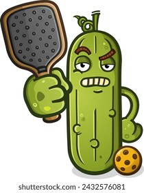 Pickle cartoon with a grumpy grouchy crotchety face holding out his pickleball paddle ready to challenge somebody to a match