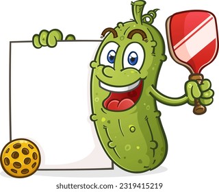 Pickle cartoon holding a large blank advertisement sign and a pickleball paddle and ball with a big smile on his face