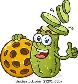 Pickle cartoon holding a massive pickleball while his head is breaking into slices while smiling and tossing an enthusiastic thumbs up and looking super cool vector cartoon clipart