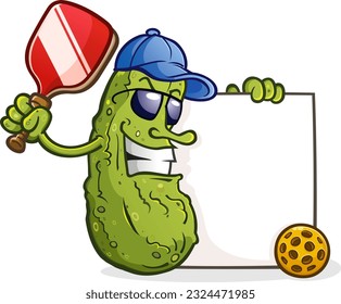 A pickle cartoon holding a pickleball paddle and ball wearing a baseball cap and holding a big blank sign perfect for displaying a pickleball schedule or team name in a bold and entertaining way