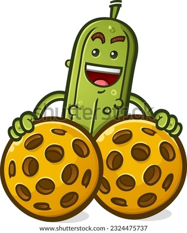 Pickle cartoon holding two gigantic pickleballs in a slightly implied way to show off manliness and strength in his pickle ball game and looking super cool 