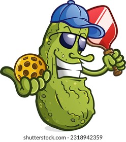 Pickle cartoon mascot with attitude wearing sunglasses and a baseball cap ready to serve up an exciting game of pickleball on the courts