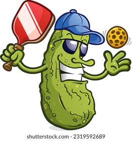 Pickle cartoon mascot with attitude wearing sunglasses and a baseball cap ready to serve up an exciting game of pickleball on the courts vector illustration