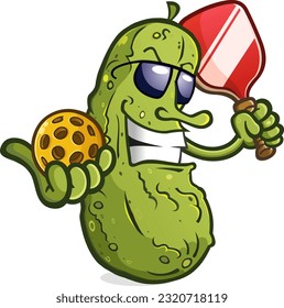 Pickle cartoon mascot with attitude wearing sunglasses ready to serve up an exciting game of pickleball on the courts