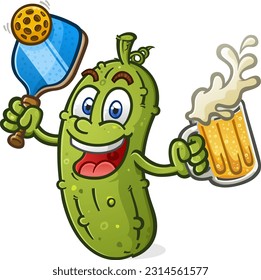 Pickle Cartoon Mascot holding a Pickleball Paddle and Ball and drinking a big mug of beer vector illustration