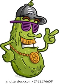 Pickle Cartoon-Rapper mit Attitude mit einer Hip-Hop-Stil Baseball-Mütze und goldenen Zähnen und Sonnenbrille, die stilvoll und cool aussehen