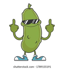 pickle cartoon with sunglasses giving the middle fingers isolated on white