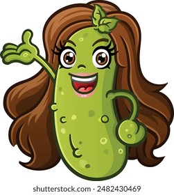 Pickle female girl cartoon character with brown hair and a big smile on her face holding her hand out with open arms