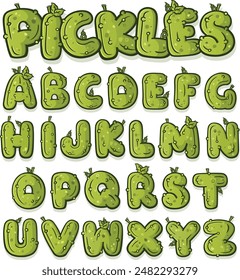 Pickle font typeface, full alphabet drawing in the style of pickled cucumbers with curly vines and leaves, bumpy green delicious, every one of the 26 letters in the abcs 