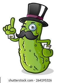 Pickle Gentleman Cartoon Character with a Mustache, Monocle and Top Hat