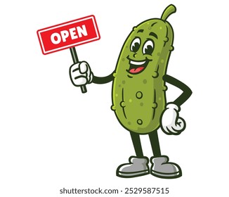 Pickle está segurando um sinal aberto, Cartoon Mascote Ilustração Caractere Vetor Clip-art Desenhado à mão Logo Design