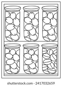 Pickle jars colouring page, line stroke vector 