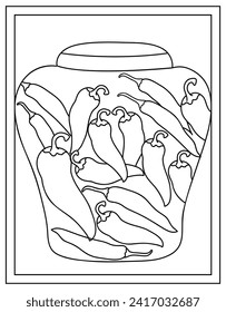 Pickle jars colouring page, line stroke vector 