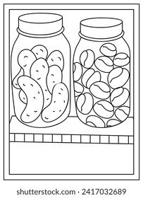 Pickle jars colouring page, line stroke vector 