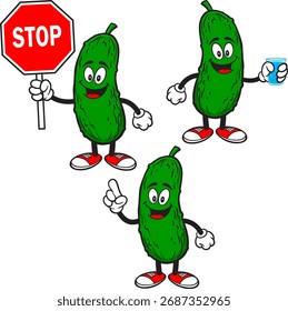 Pickle Mascot Set 04, ilustração desenhada à mão de Pickle Mascots em várias poses.