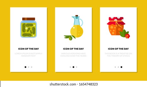 Pickle, Oil And Jam Flat Icon Set. Storage, Grandmother, Glass Isolated Vector Sign Pack. Food And Cooking Concept. Vector Illustration Symbol Elements For Web Design And Apps