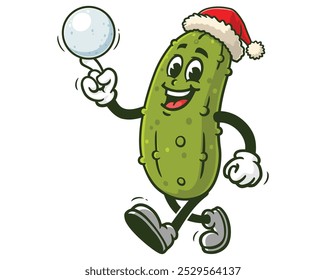 Pickle are playing snowballs and wearing Christmas hats, Cartoon Mascot Illustration Character Vector Clip-art Hand-drawn Logo Design