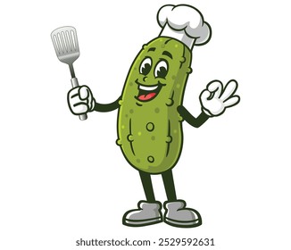 Pickle with Spatula and wearing a Chef's Hat, Cartoon Mascot Illustration Character Vector Clip-art Hand-drawn Logo Design