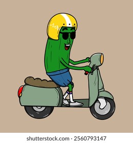 Pickle vector riding a scooter. Good for use for t-shirt designs, logos, mascots, stickers, children's picture books, etc.