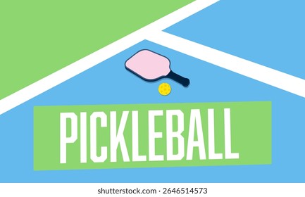 Plano de fundo do Pickleball. Bola, remo e texto em um fundo quadriculado estilizado. Ilustração vetorial.