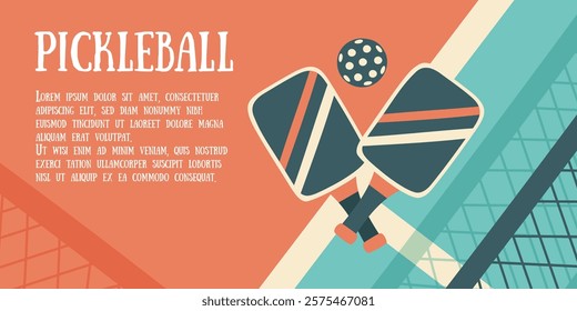 Pickleball background. Pickleball court with paddles and balls. Concept of sport, activities, hobbies, leisure, healthy lifestyle. Vector hand drawn banner.