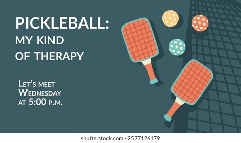 Pickleball background. Pickleball court with paddles and balls. Concept of sport, activities, hobbies, leisure, healthy lifestyle. Vector hand drawn banner.