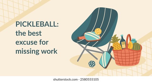 Pickleball background. Pickleball court with paddles, balls and basket of food. Concept of rest and spending time with friends. Vector hand drawn background.	