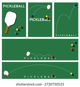 Plano de fundo e layout do Pickleball definido com remo e bolas em fundo verde e texto branco e linhas tracejadas brancas. 