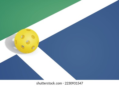 pickleball background with a yellow ball over the field line. Pickleball background with negative space to put your text. great for posters, flyers, banners, etc.