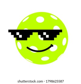 Personaje de pelota de futbol con gafas de sol meme. Cara de carita sonriente con anteojos de píxel negro. Ilustración vectorial aislada en fondo blanco. Para impresiones, cobertura de eventos.