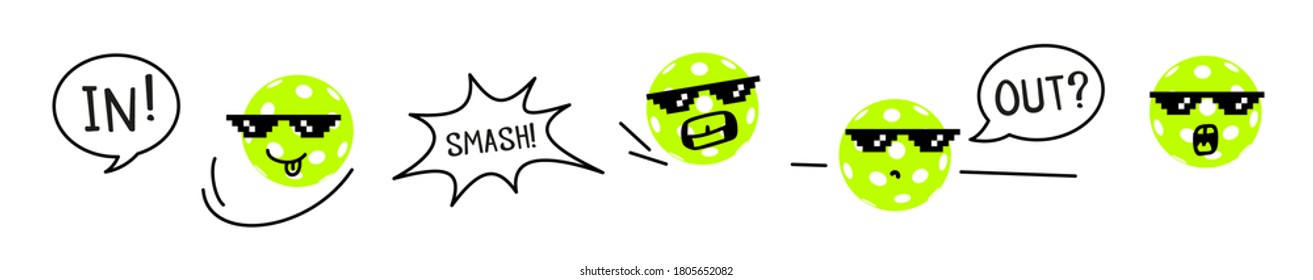 Pickleball ball character with meme sunglasses. Cute smiley face wearing black pixel glasses. Vector illustration isolated on white background. For prints, event cover.