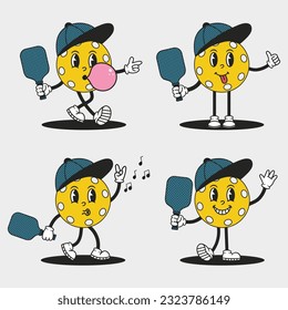 Pickleball ball character set. Funny groovy mascot in cap with racket. Trendy cartoon vector illustration.