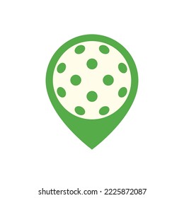 Pickleball ball location logo. Map pointer icon. Isolated vector illustration on white background.