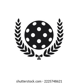 Pickleball ball logo with laurel wreath. Isolated vector illustration on white background.