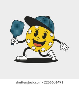 Pickleball ball mascot in cap with racket. Funny cartoon character. Trendy isolated vector illustration.