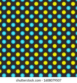 Pickleball ball . Pattern with yellow and blue pickleball balls on the gray background . Vector illustration.