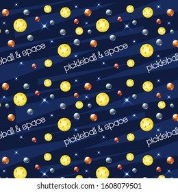Pickleball ball . Space pattern with pickleballs and planets. Vector illustration.