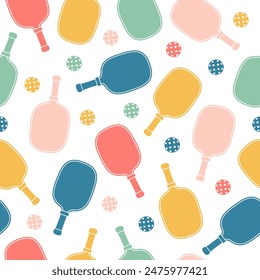 Pickleball balls and paddle. Sport seamless pattern. Design for print, banner, card, fabric, cover, wrapping paper, wallpaper. Flat vector illustration