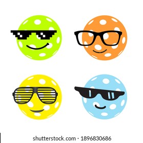 Pickleball balls wearing cool sunglasses. Pickleball fun faces. Vector cartoon illustration.