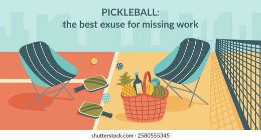 Pickleball banner. Pickleball court with chairs, paddles, balls and basket of food. Concept of rest, game and spending time with friends. Vector hand drawn background.