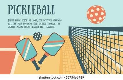 Pickleball banner. Pickleball court with paddles and balls. Concept of sport, activities, hobbies, leisure, healthy lifestyle. Vector hand drawn background.