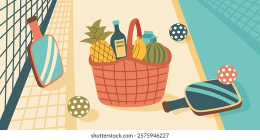 Pickleball banner. Pickleball court with paddles, balls and basket of food. Concept of rest and spending time with friends. Vector hand drawn background.