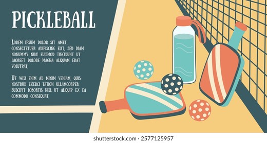 Pickleball banner. Pickleball court with paddles, balls, bottle of water and net. Concept of sport, activities, hobbies, leisure, healthy lifestyle. Vector hand drawn background.