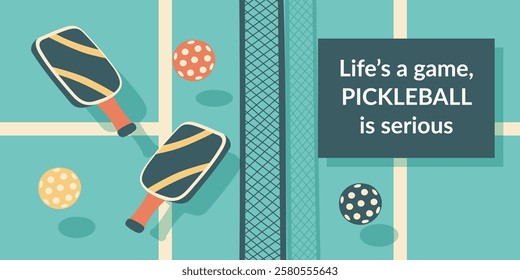 Pickleball banner. Pickleball court with paddles and balls. Concept of sport, activities, hobbies, leisure, healthy lifestyle. Vector hand drawn background.	