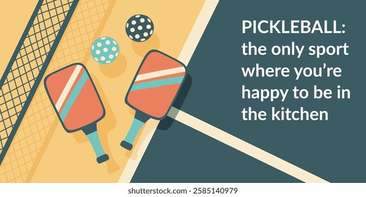 Pickleball banner. Pickleball court with paddles and balls. Concept of sport, activities, hobbies, leisure, healthy lifestyle. Vector hand drawn background.	