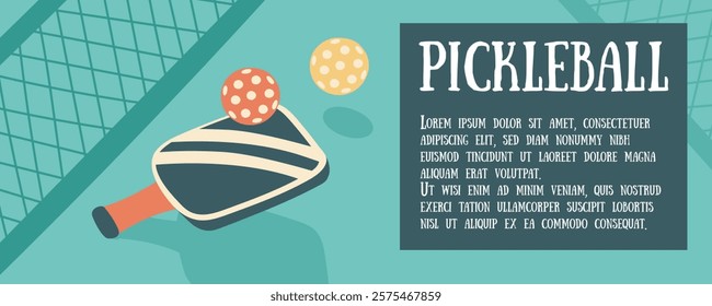 Pickleball banner. Pickleball paddle and balls. Concept of sport, activities, hobbies, leisure, healthy lifestyle. Vector hand drawn background.