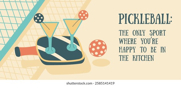 Pickleball banner. Pickleball paddle with cocktails and balls. Concept of sport, activities, hobbies, leisure, rest, healthy lifestyle. Vector hand drawn background.	