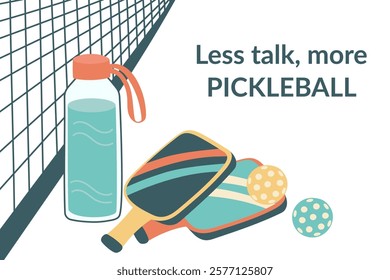 Pickleball banner. Pickleball paddles and balls, bottle of water and net isolated on white. Concept of sport, activities, hobbies, leisure, healthy lifestyle. Vector hand drawn background.