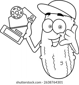 Pickleball Cartoon Character Holding Champion Trophy And Making Shaka Hand Gesture – Black And White Vector Hand Drawn Illustration Isolated On Transparent Background