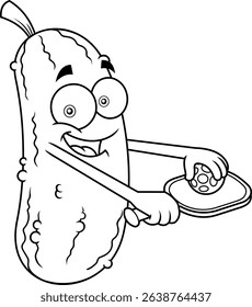 Pickleball Cartoon Character Holding Paddle And Ball In Serving Position – Black And White Vector Hand Drawn Illustration Isolated On Transparent Background